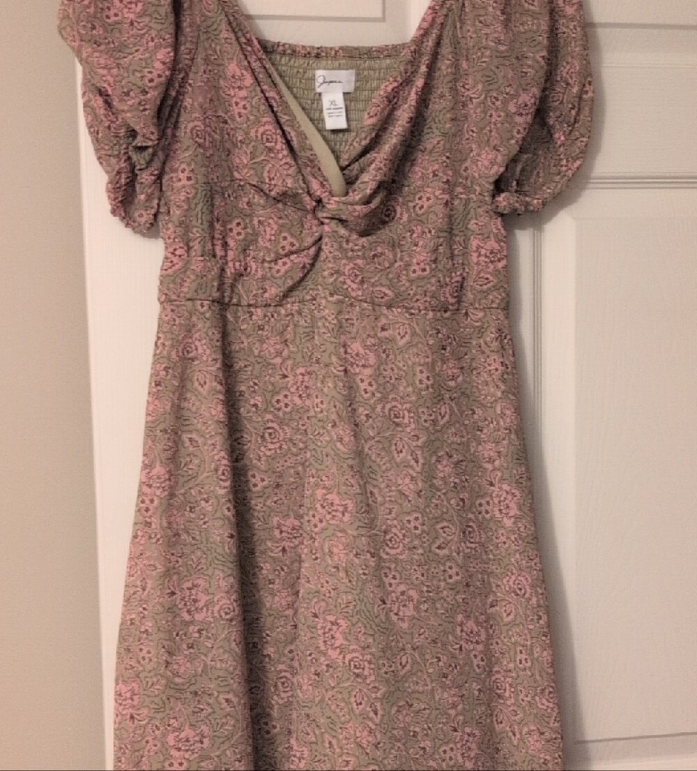Opia Pink & Sage Floral Midi Dress with Puff Sleeves